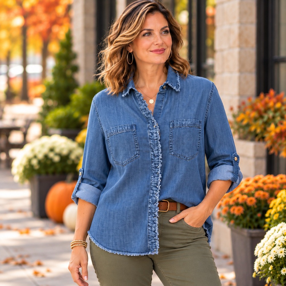 Chico's Tencel Chambray Shirt Womens Size 2 Large Blue Raw Edge Roll Tab Lyocell